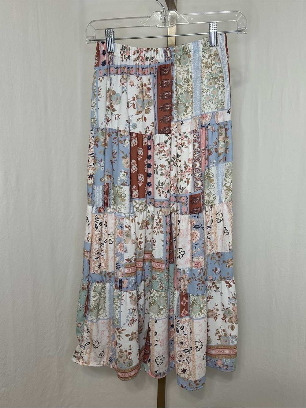 Girls' Originality Patchwork Tiered Maxi Skirt - Blue, Pink & Brown Floral